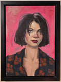 Woman with Black Bob Haircut on Pink Background Painting